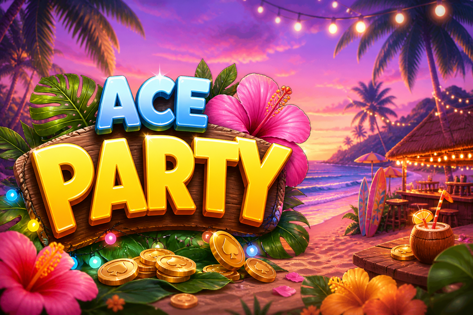 Banner tropis ACE PARTY dengan logo kuning dan bunga kembang sepatu.