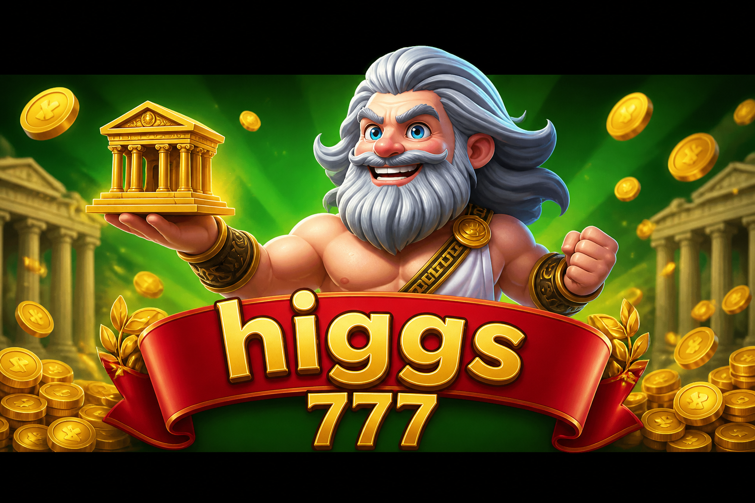 higgs777: Zeus kartun memegang kuil, pita higgs 777.